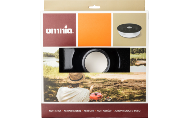 Packaging of a round non-stick cookware with a cutout showing the product and a person wearing a straw hat by the lakeside