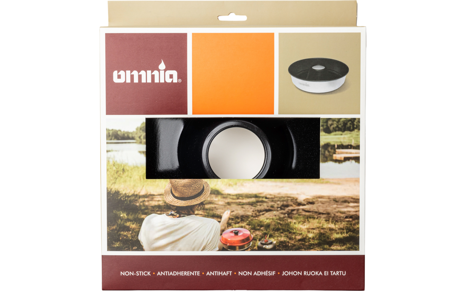 Packaging of a round non-stick cookware with a cutout showing the product and a person wearing a straw hat by the lakeside