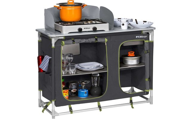 Mueble de cocina para camping Berger con fregadero, gris-verde