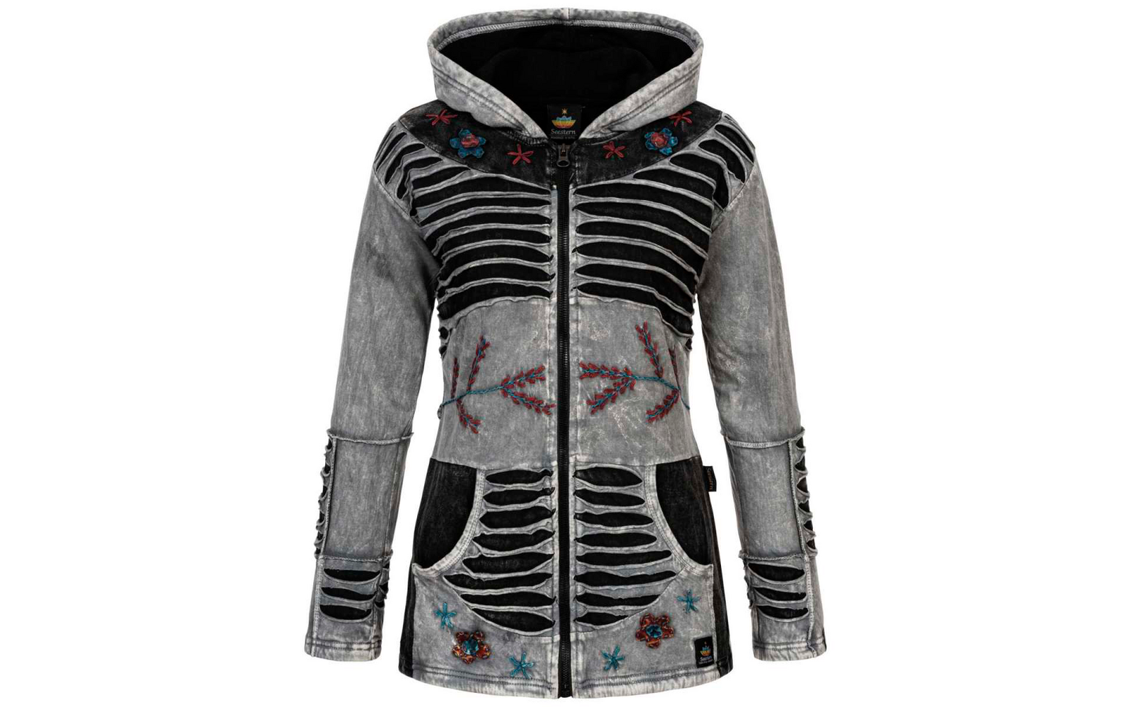 Langärmlige Kapuzenjacke mit Reißverschluss, gestreift und mit floralem Muster am unteren Rand