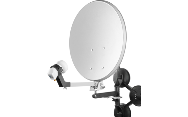 Weiße Satellitenschüssel mit Halterung und LNB-Arm vor weißem Hintergrund