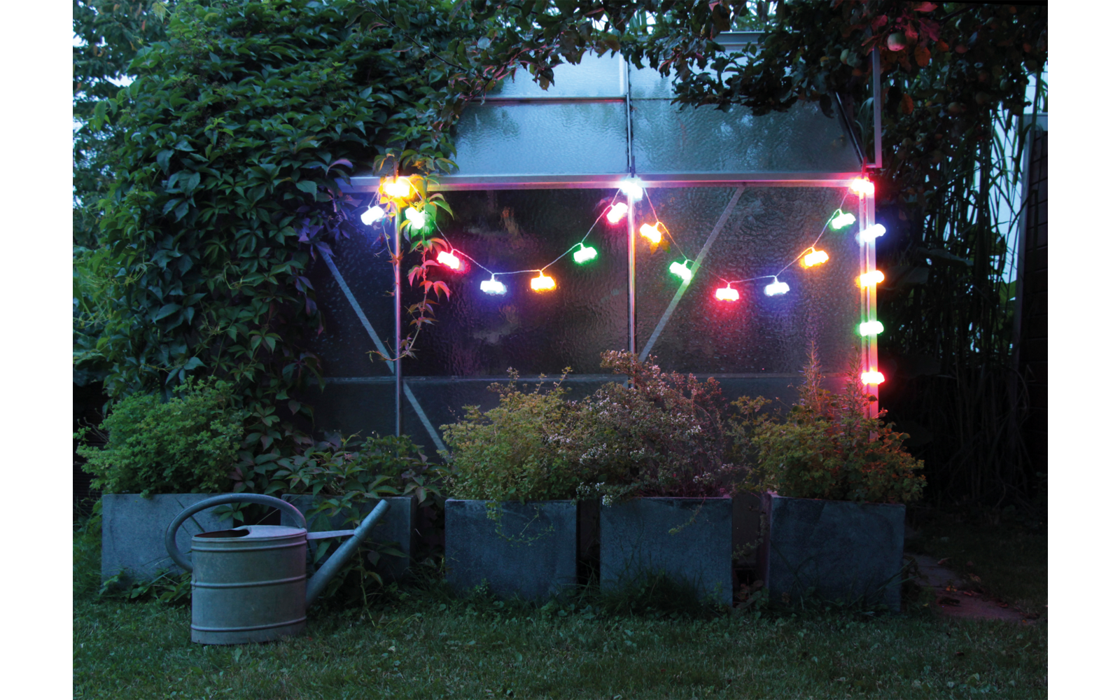 Abendliche Gartenparty mit bunten Lichterketten über einem Pavillon, umgeben von Pflanzen und Büschen