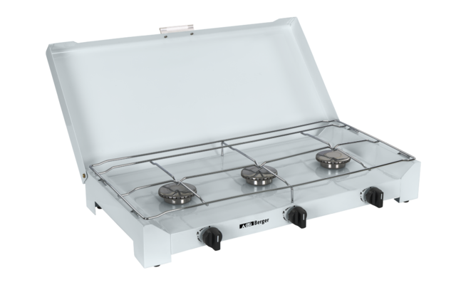 Weißer Gasherd mit vier Kochplatten und offenem Deckel