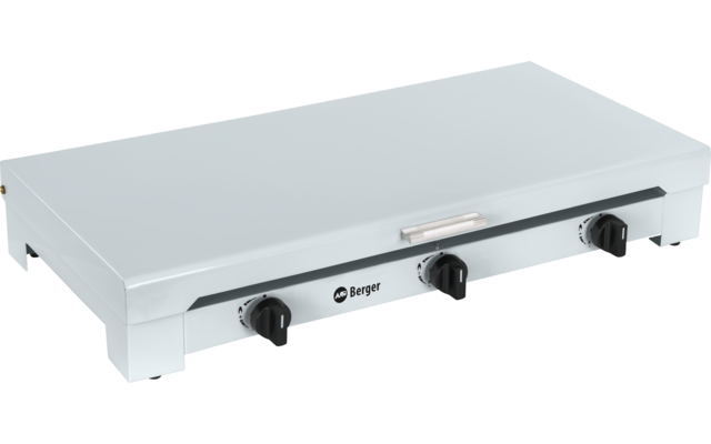 weiße elektrische Grillplatte mit drei Drehknöpfen