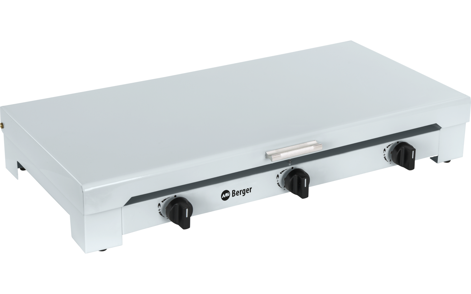 weiße elektrische Grillplatte mit drei Drehknöpfen