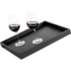Two red wine glasses on a black tray