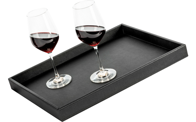 Two red wine glasses on a black tray