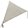 Triangular beige sunshade sail on a grassy field, supported by metal poles