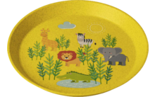 Yellow plate with illustrations of a lion, elephant, zebra, crocodile, plants, sun, and cloud