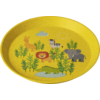 Yellow plate with illustrations of a lion, elephant, zebra, crocodile, plants, sun, and cloud