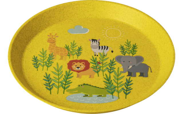 Yellow plate with illustrations of a lion, elephant, zebra, crocodile, plants, sun, and cloud