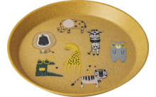 Brown oval plate with six colorful animal illustrations