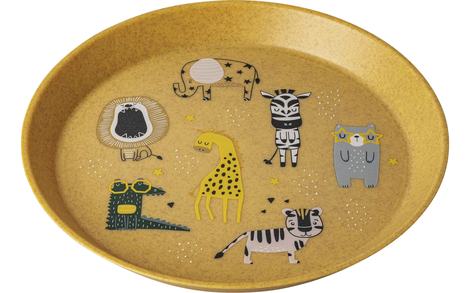 Brown oval plate with six colorful animal illustrations