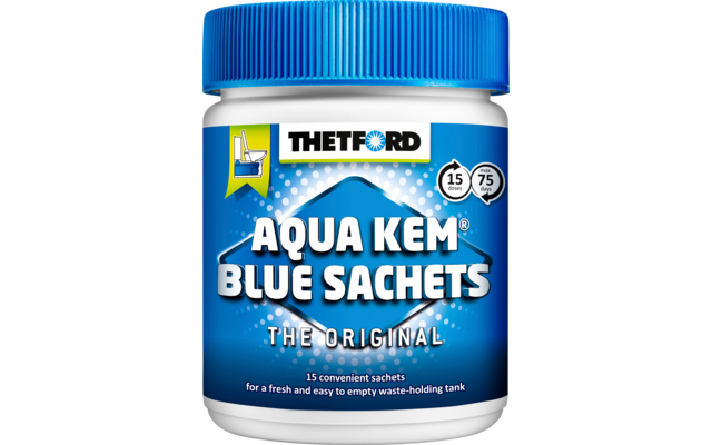 Jar with blue Aqua Kid Blue Sachets on white background