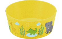 Gelbe Schüssel mit einem Krokodil, einem Elefanten und Pflanzenmotiven
