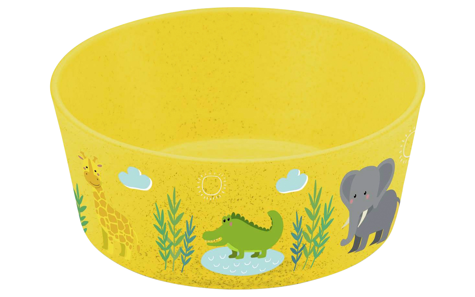 Gelbe Schüssel mit einem Krokodil, einem Elefanten und Pflanzenmotiven