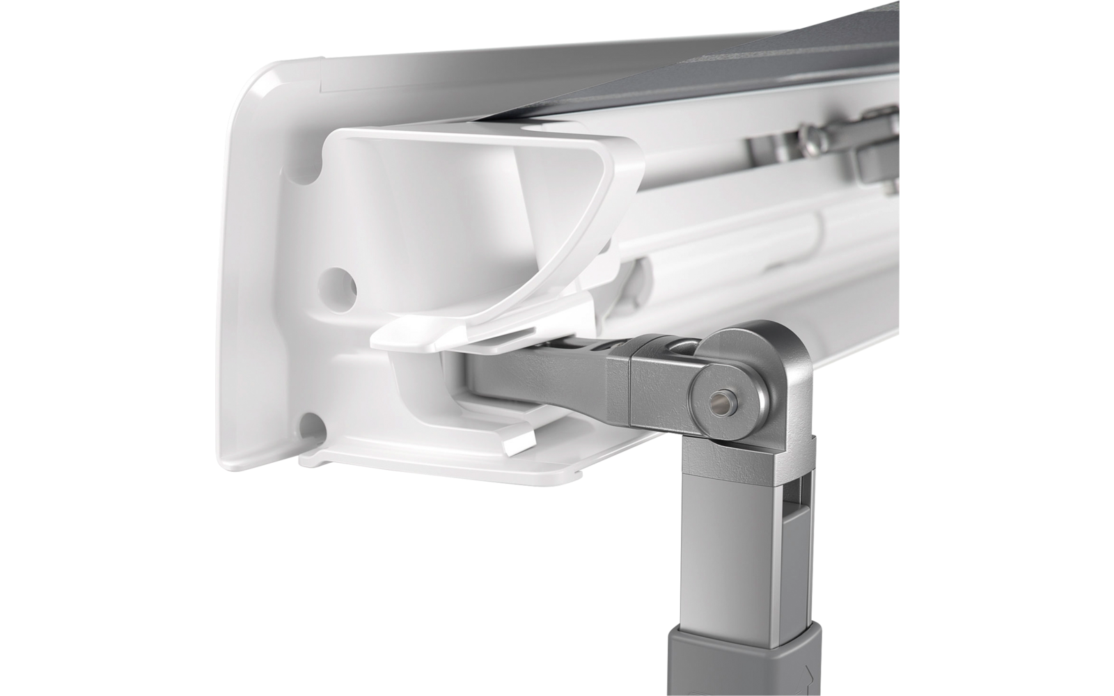 Nahaufnahme eines weißen, modernen Computermonitors mit verstellbarem Standfuß