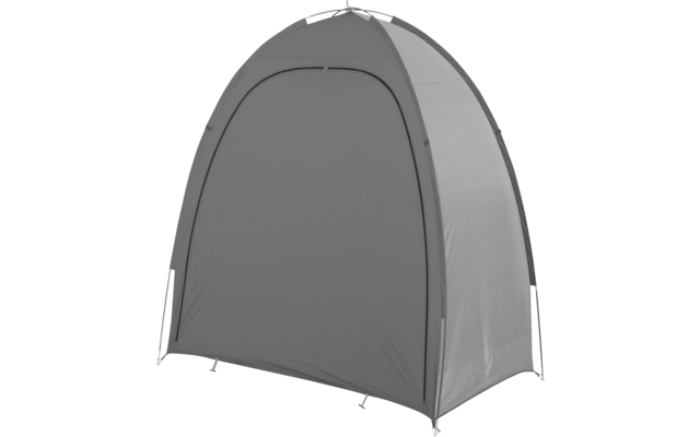 Gray tent with rounded roof, standing alone