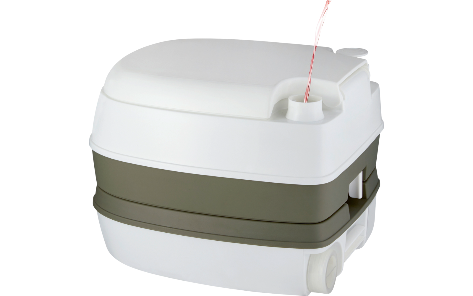 Weißer, tragbarer Campingwasserbehälter mit grauem Streifen und Schlauch oben