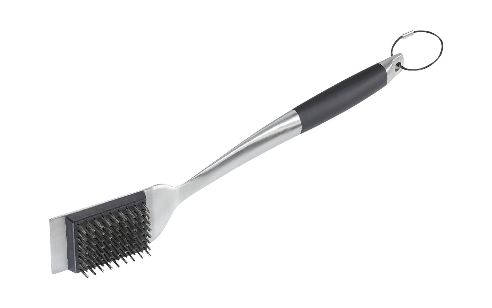 Ein Rechen mit einem langen schwarzen Griff und Metallzinken