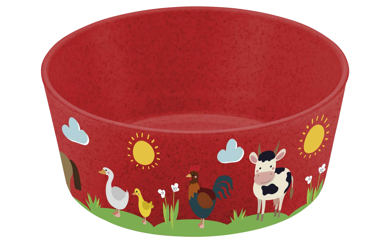 Roter Futternapf mit Bildern von Sonne, Taube, Hahn, Kuh und Gras