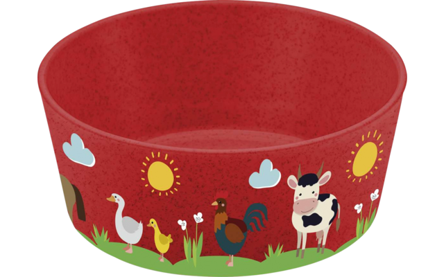 Roter Futternapf mit Bildern von Sonne, Taube, Hahn, Kuh und Gras