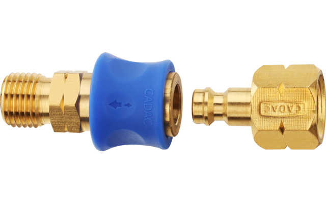Two golden metal connectors with a blue plastic sleeve in the middle