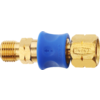 Metal valve with blue plastic handle, threaded on both ends