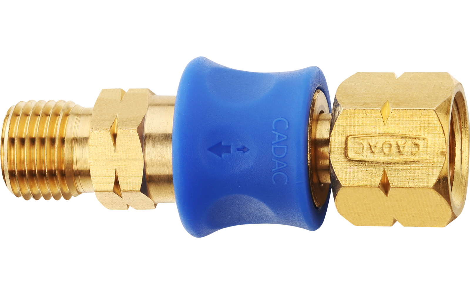 Metal valve with blue plastic handle, threaded on both ends