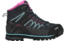 Botte de randonnée noire avec des accents bleus et roses