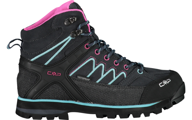 Botte de randonnée noire avec des accents bleus et roses