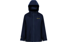 Dunkelblaue Regenjacke mit Kapuze und Reißverschluss vorne