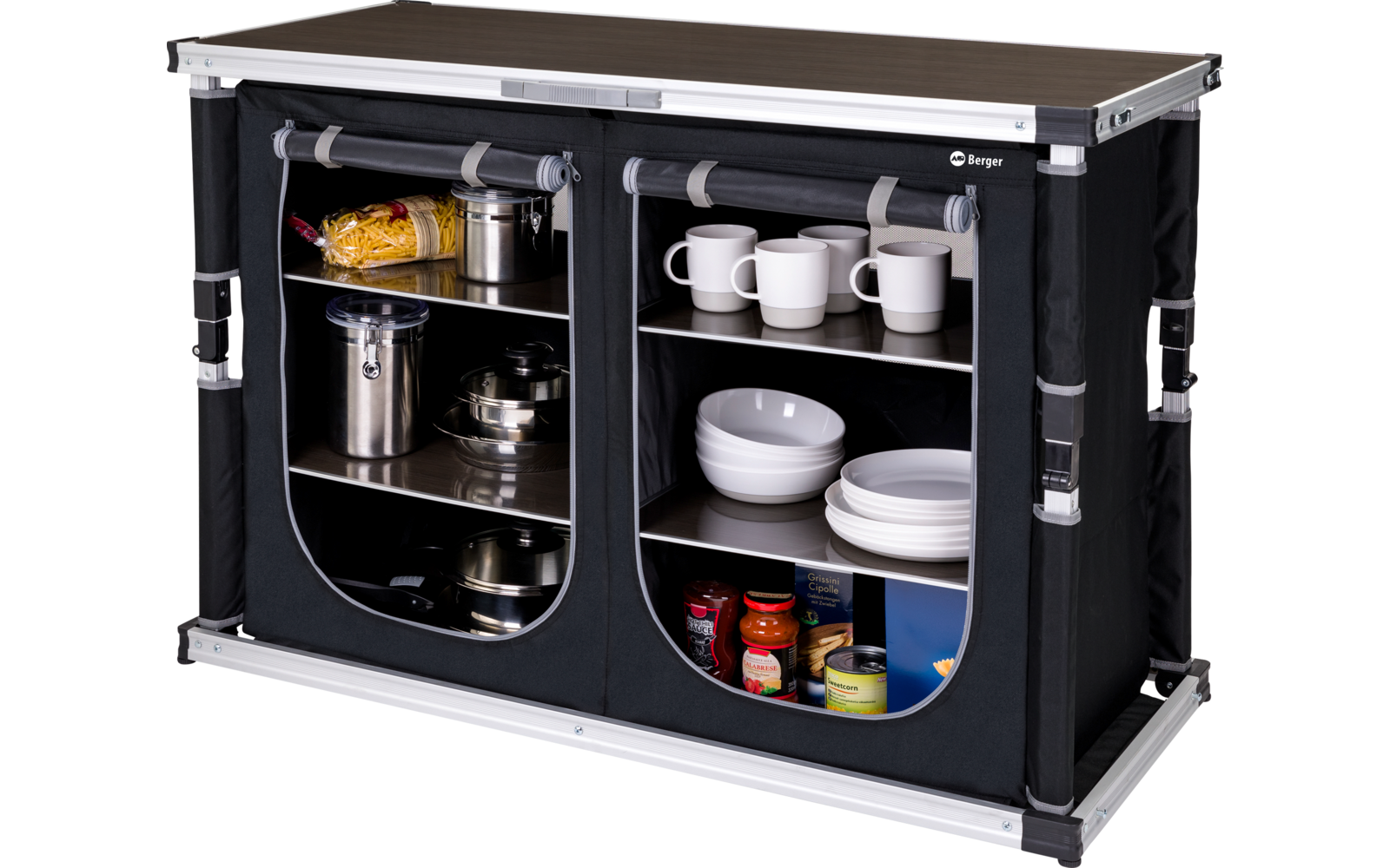 Armoire de cuisine pliable avec deux compartiments, remplis de tasses, assiettes et verres