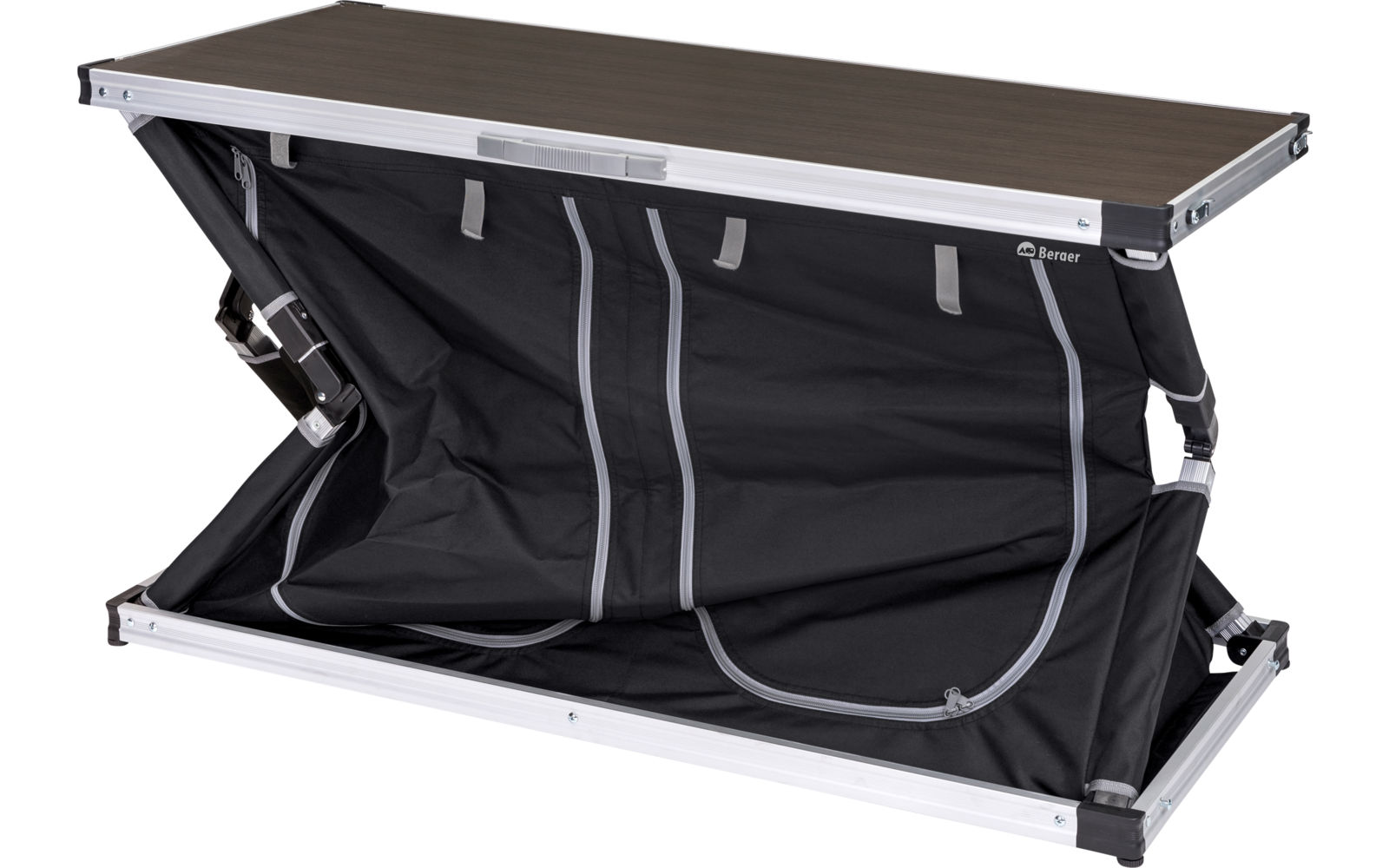 Valise noire ouverte avec poches intérieures argentées et doublure grise