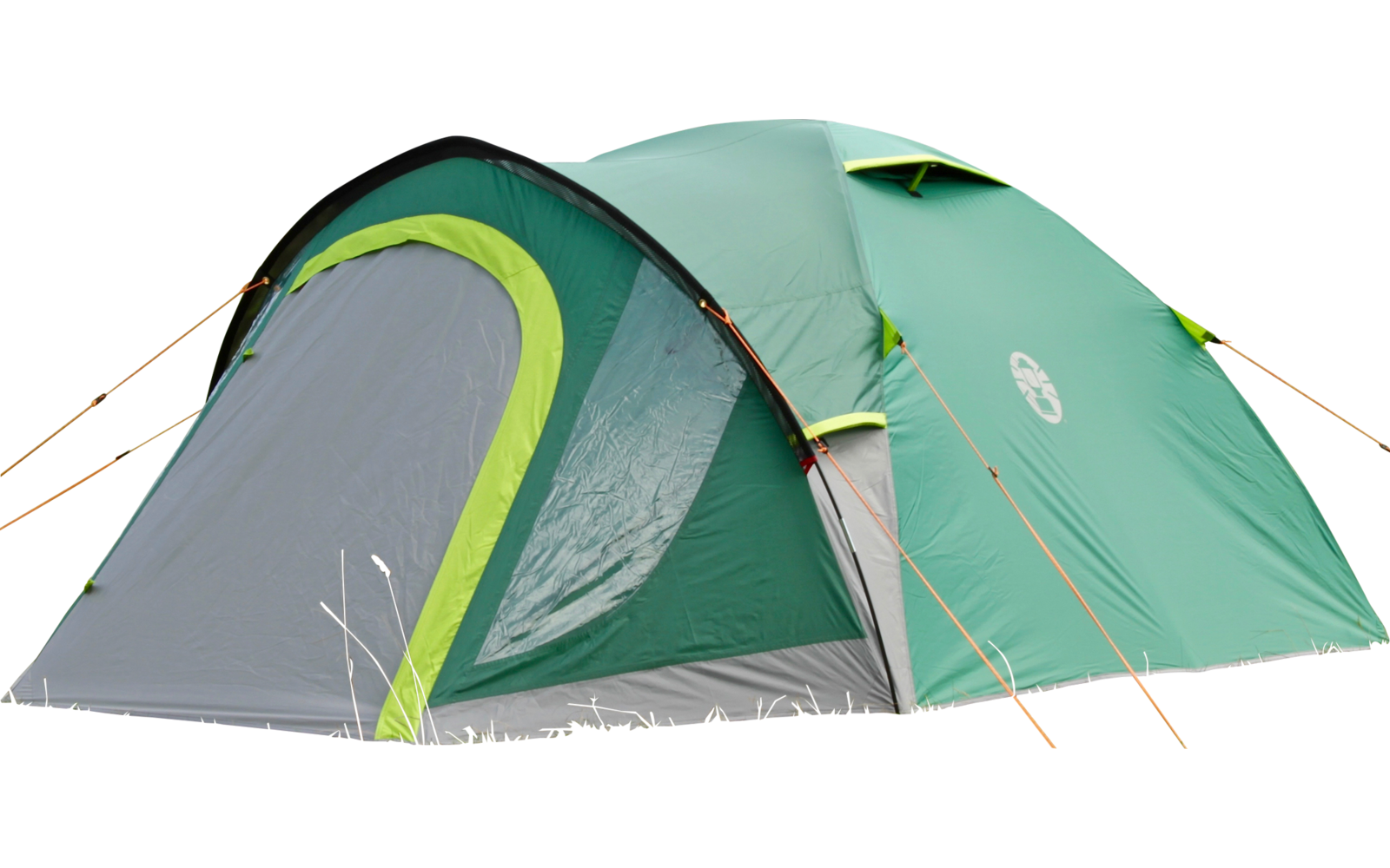 Green tent standing on a grassy field with trees in the background