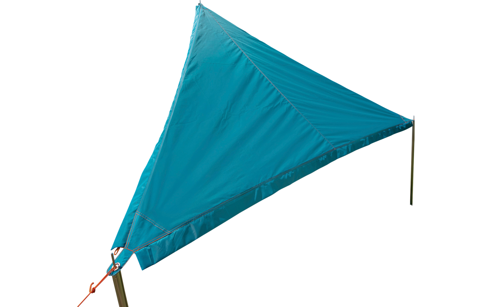 Blue triangular sunshade on grass with trees in the background