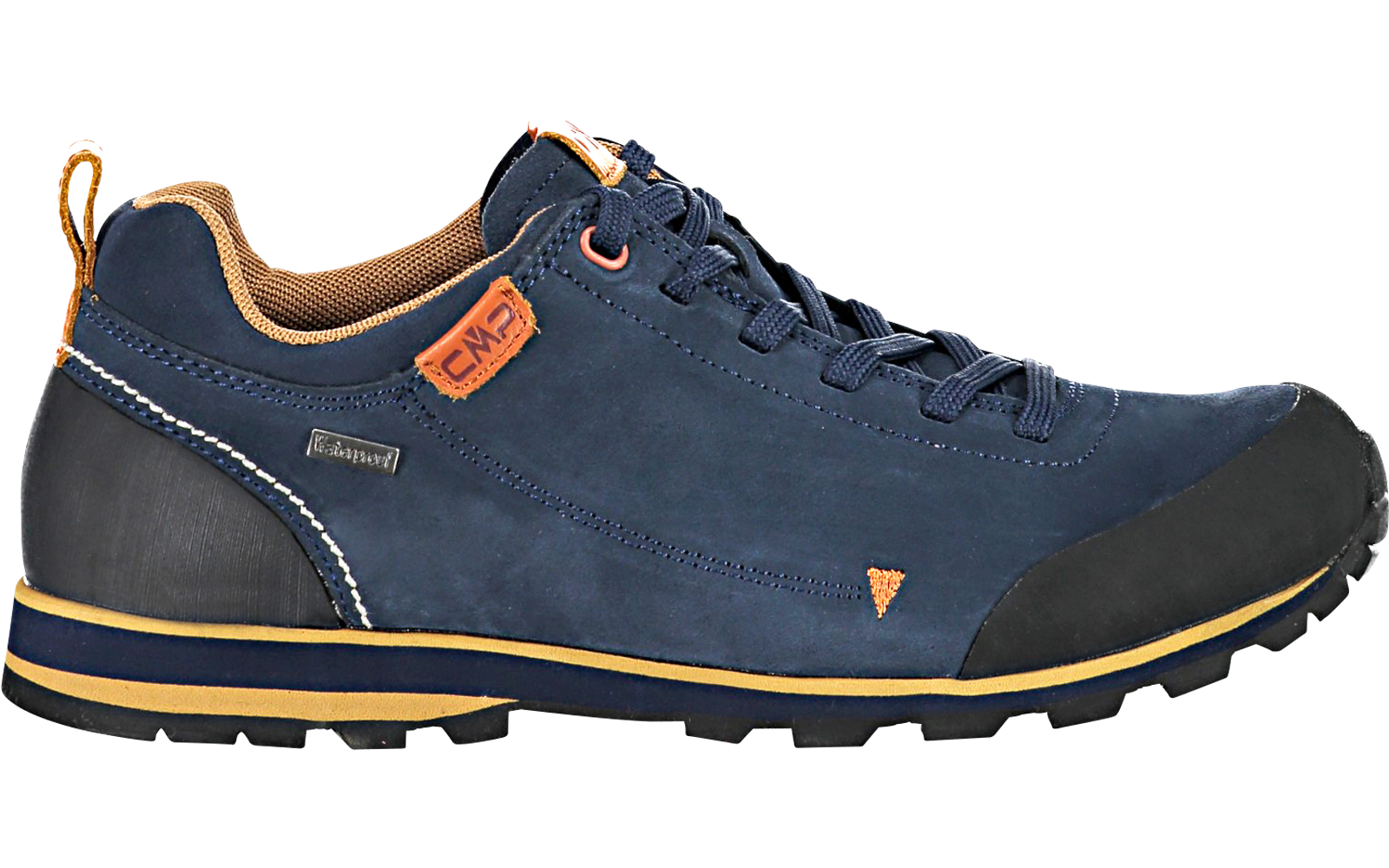 Chaussure de randonnée bleue avec semelle noire et détails orange