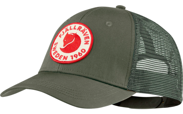 Grüne Baseballkappe mit Netzrückseite und rundem weißen Logo mit rotem Text und Bild