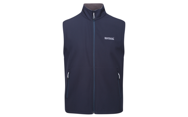 Dunkelblaue Softshell-Weste mit durchgehendem Reißverschluss und zwei Reißverschlusstaschen