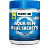 Weiße Kunststoffdose mit blauem Deckel und blauem Etikett, darauf steht Aqua Kem Blue Sachets
