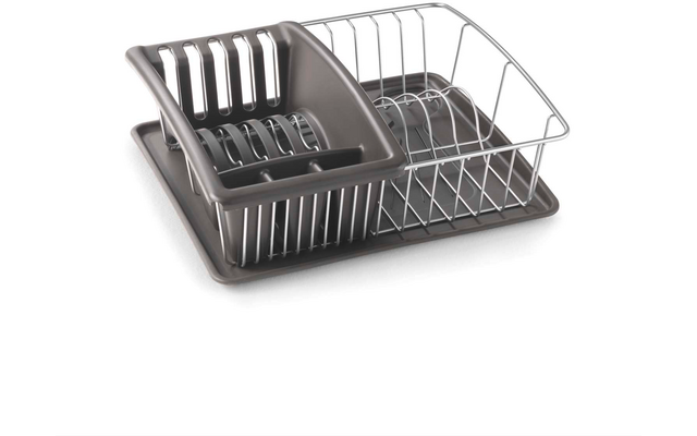 Geschirrabtropfgestell aus Kunststoff und Metall mit Ablage für Teller und Gläser