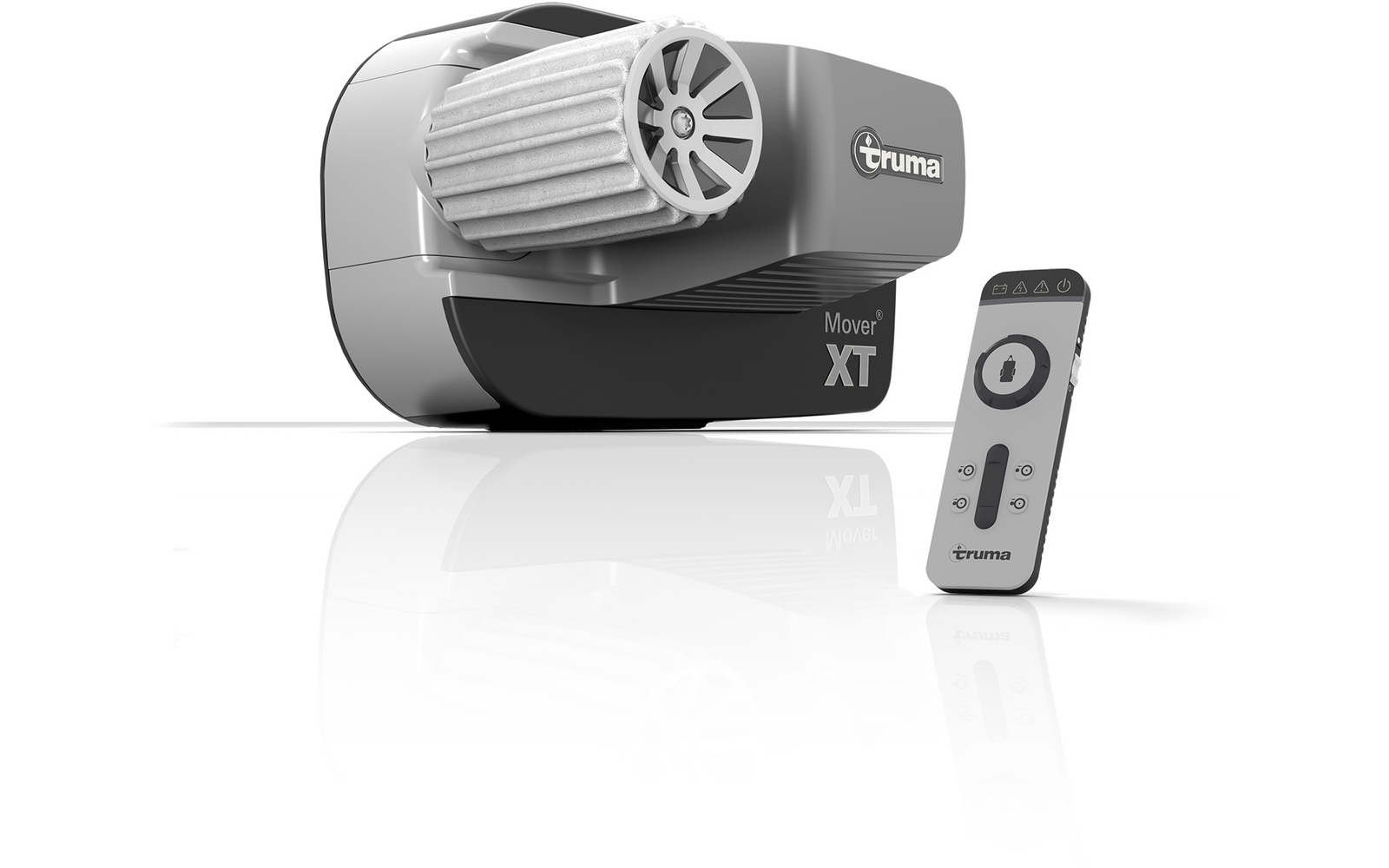 Ein graues Truma Move XT Heizgerät mit einem grauen Fernbedienung auf weißem Hintergrund