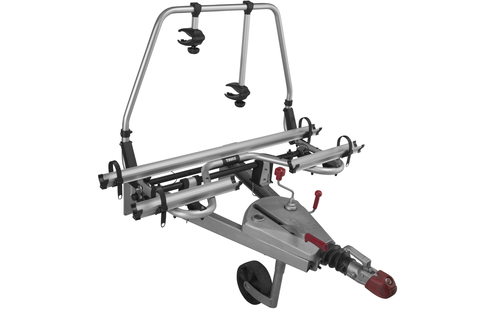 Metal bike rack with clamps and levers on white background