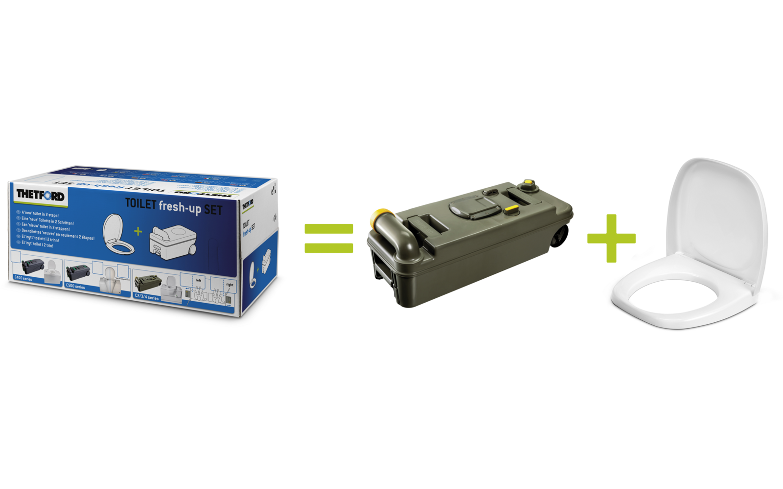 Ein Karton mit einem Sanitärprodukt, daneben ein Ersatzteil und ein Toilettensitz