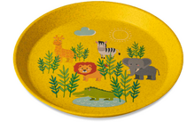 Gele bord met illustraties van een leeuw, olifant, zebra, krokodil, planten, zon en wolk