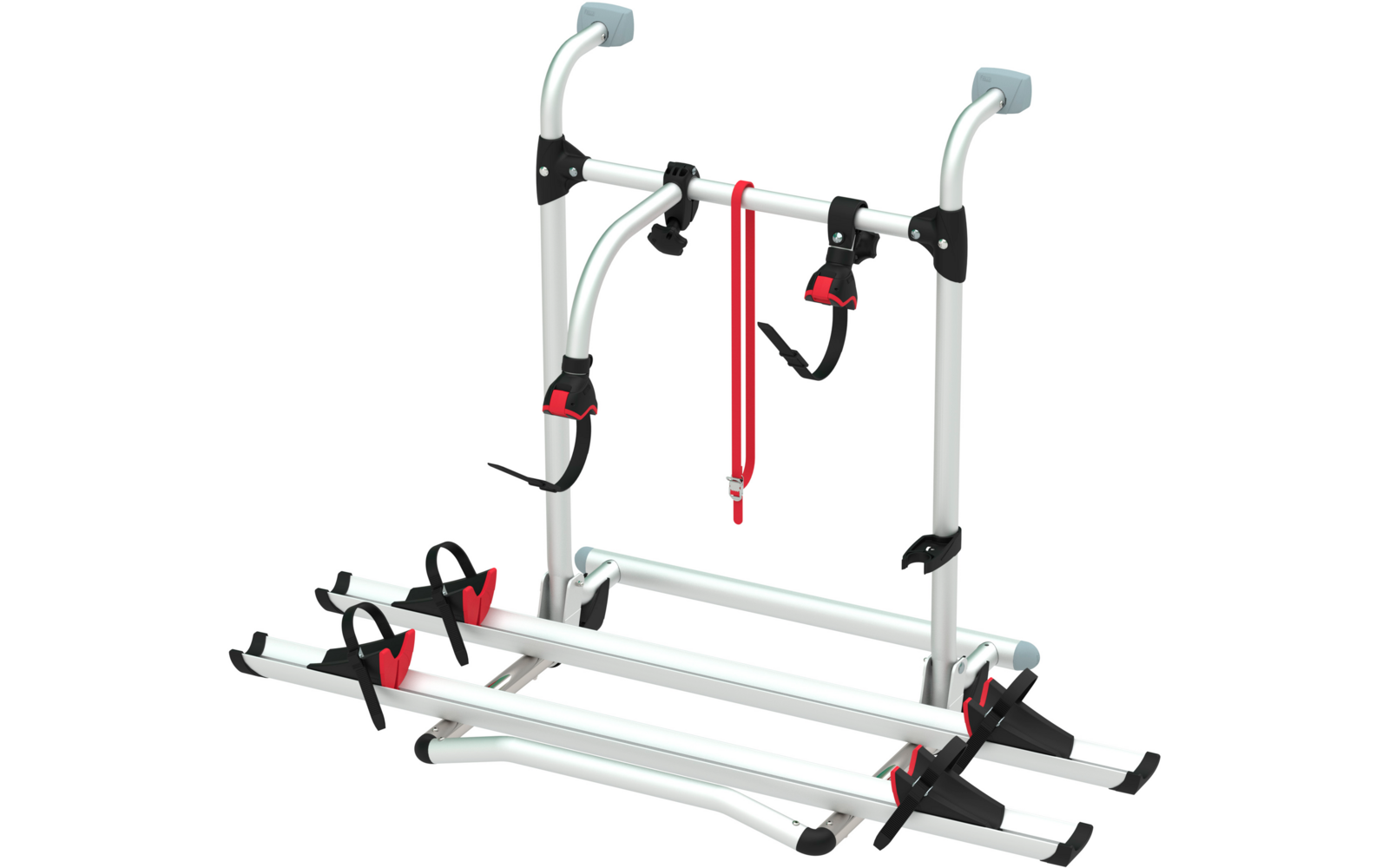 Fahrradträger für zwei Fahrräder aus Metall und Kunststoff, auf weißem Hintergrund