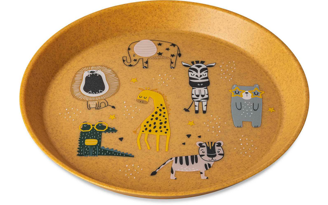 Braune ovale Platte mit sechs bunten Tier-Illustrationen