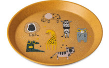 Bruine ovale schaal met zes kleurrijke dierenillustraties