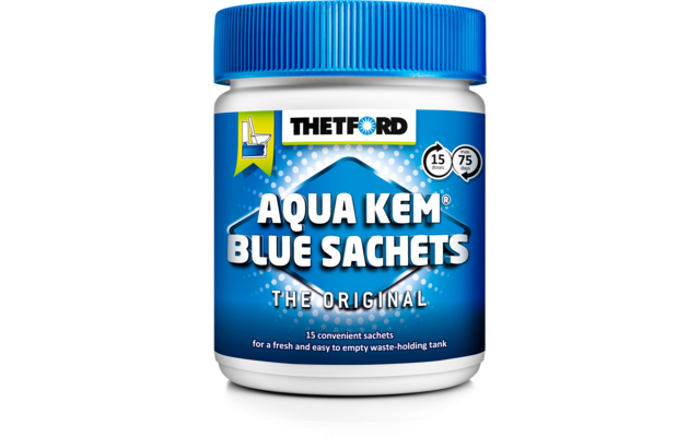 Dose mit blauen Aqua Kid Blue Sachets auf weißem Hintergrund