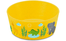 Gele kom met een krokodil, een olifant en plantenmotieven